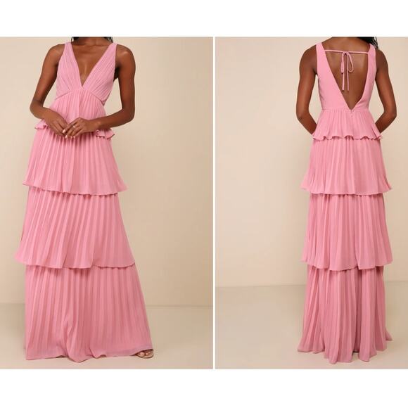 LULU'S  XS Mesmerizing Essence Pink Pleated Backless Tiered Maxi Dress B91 - Picture 1 of 10